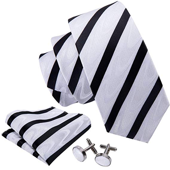 Barry.Wang Stripe Mens Tie Set Classic WOVEN Necktie with Handkerchief Cufflinks Formal