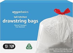 Amazon Basics Flextra Tall Kitchen Drawstring Trash Bags,10% Post Consumer Recycled Content, 13 Gallon, 120 Count, Pack of 1