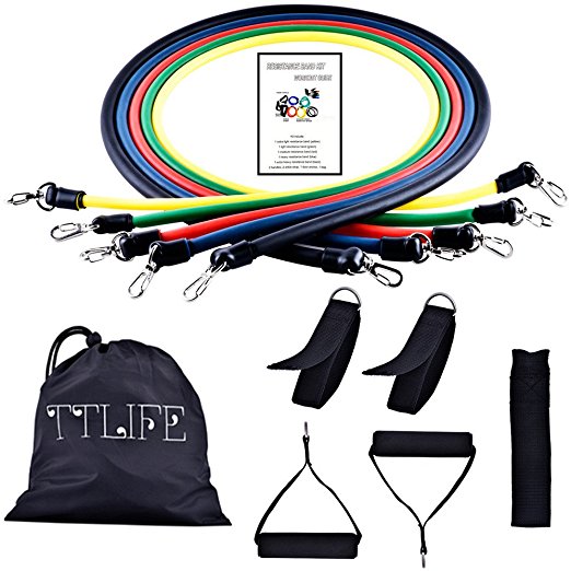 TTLIFE Exercise Resistance Bands for Yoga, Pilates Fitness Tubes for Physical Therapy Set Comes with 5 Different Levels of Fitness and 5 Heavy Duty Bands,1 Door Anchor Attachment,2 Ankle Straps,2 Foam Handles,1 Carrying Pouch with Drawstring Closure,Workout Guide,Yoga Strap,Pilates Accessories, Flexibility and Strength Resistance Bands.