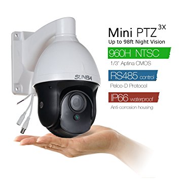 SUNBA 3X Optical Zoom, 960H Mini Analog PTZ Camera, 98ft Night Vision Pelco D Outdoor Security Camera with RS485 Interface (301-3X)