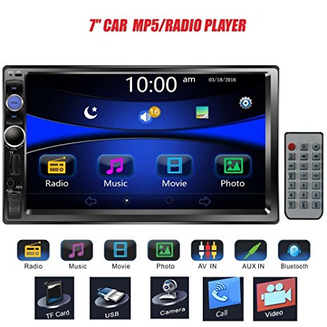 Regetek 7" Double DIN Touchscreen In Dash Bluetooth Car Stereo Mp3 Audio 1080P Video Player FM Radio/ AM radio   Remote Control   Support TF/ USB/ AUX-in/Rear View Camera