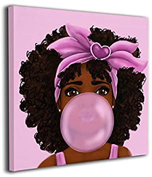 16 x16inch African American Afro Black Girl, Purple Bubble Gum Canvas Wall Art