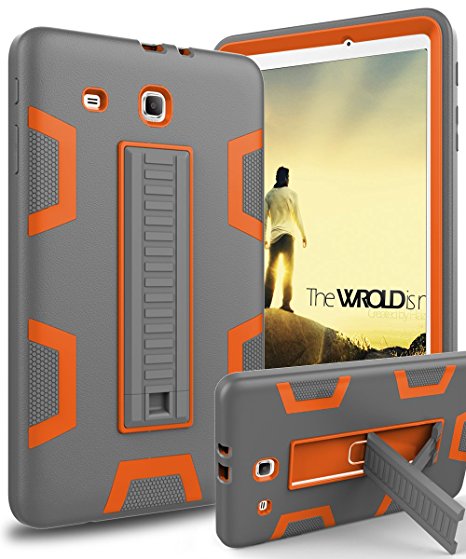 TOPSKY Galaxy Tab E 9.6 Case, [Kickstand Feature] Three Layer Hybrid Heavy Duty Full-Body Shockproof Anti-Slip Protective Case for Samsung Galaxy Tab E 9.6 inch Tablet,Grey/Orange