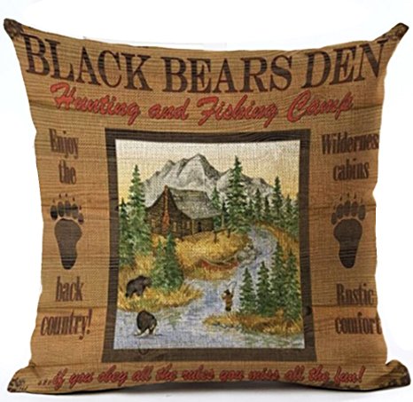 Retro Background Wildness Cabins Black Bear Throw Pillowcase Personalized Cushion Cover NEW Home Office Decorative Square 18 X 18 Inches