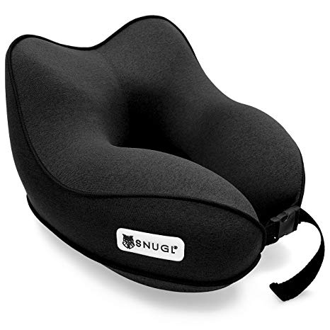 SNUGL Travel Pillow - Premium Ergonomic Design Memory Foam Cushion - Head, Neck & Chin Support for Airplane, Train or Car - Portable Compact Travel Bag with Clip Included (Jet Black)