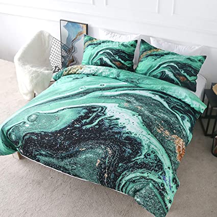 BlessLiving Turquoise Marble Duvet Cover Abstract Print Comforter Cover Set Green Bedding Sets 3 Pieces House Warming Gift (Twin)