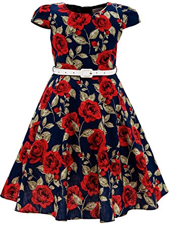 Bonny Billy Girls Classy Vintage Floral Swing Kids Party Dress with Belt