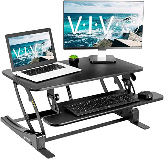 VIVO Black Height Adjustable 32 inch Stand Up Desk Converter | Quick Sit to Stand Tabletop Dual Monitor Riser Workstation (DESK-V000VS)