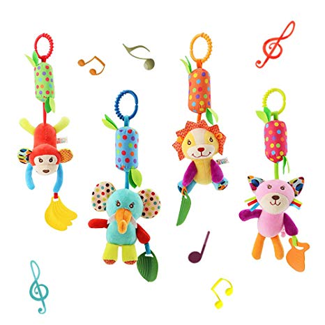 Baby Soft Hanging Wind Chime Rattle Toy - Crinkle Squeaky Sensory Learning Animal Plush Stroller Toy for Infant Newborn Toddler Car Seat Bed Crib Travel Activity with Teether for Boys Girls(4 Pack)