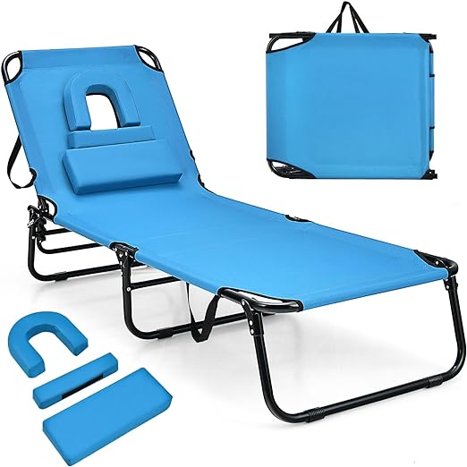 Giantex Reclining Camping Lounger Chair w/5 Adjustable Positions, Convenient Face Hole, 3 Detachable Pillow & Hand Ropes, Outdoor Foldable Sun Lounger Bed for Beach Patio Poolside & Lawn (Blue)