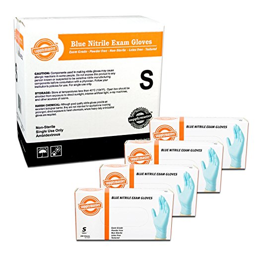 SupplyMaster - SMBLNE3S - Exam Nitrile Gloves - Disposable, Powder Free, Exam, 3 mil, Small, Blue (Pack of 400)