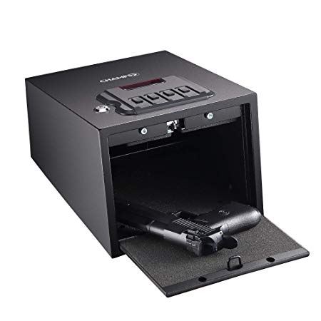 Champs Gun Safe Solid Steel Quick Access Electronic Pistol Safe with Auto-Open Lid, Wall Mount Bracket, Anti-Thief Alarm System