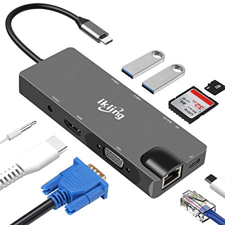 USB C Hub, 9 in 1 USB Type C Adapter with 4K USB C to HDMI, 1080P USB C to VGA, USB C PD Charging, 2 USB 3.0 Ports, SD/TF Card Reader, USB C to 3.5mm Audio Jack, Gigabit Ethernet Port