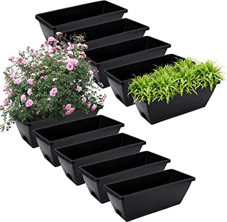 10pcs Plastic Window Boxes Planters, Black Rectangle Flower Boxes, 16.6 x 6.7 x 5.5 inch Window Planter Boxes Outdoor with Drainage Holes and Trays, Sill Planter Box for Sill, Garden, Balcony, Decor