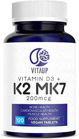 VitaUp Vitamin K2 MK7 with D3 | 120 Vegan Organic Tablets High Strength D3 and K2 200 mcg | Support for Your Heart Bones Blood Muscle & Teeth | 4 Months Supply (D3 4000IU   K2 MK7 200mcg)