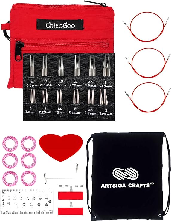 ChiaoGoo Twist Red Lace Shorties 2 & 3-Inch Small Red 7230-M Interchangeable Knitting Needle Set, 12-Pair Sizes US 0, 1, 1.5, 2, 2.5, 3, Stainless Steel, 3 Cords Bundle with 1 Artsiga Crafts Large Bag