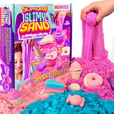 SLIMYSAND Sweet Treats, 2 Pounds of SlimySand in 5 Colors (Pink Glitter, White Glitter, and Pink, Blue and Purple), 6 3D Molds & Reusable Box for Play. Super Stretchy & Moldable!