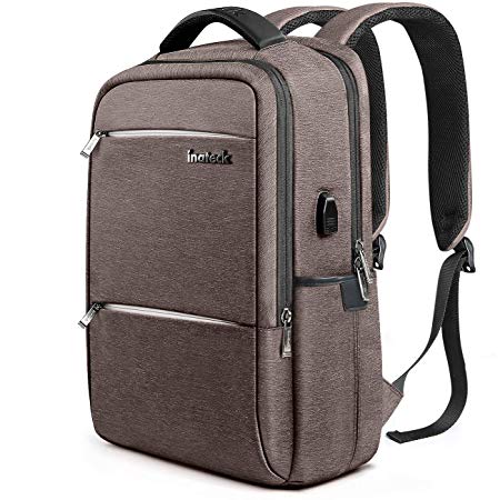 Inateck Laptop Backpack with USB Charging Port, Anti-Theft School Bag Business Travel Backpack Fits Up to 15.6 Inch Laptops, Rucksack with Waterproof Rain Cover and Luggage Belt - Brown
