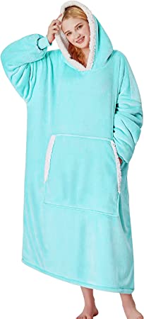 yescool Oversized Wearable Blanket Hoodie, Flannel Sherpa Fleece Blanket Sweatshirt for Adults Women Men, Big Plush Cozy Hooded Blanket with Hood, Pocket & Sleeves, One Size Fits All (Teal)