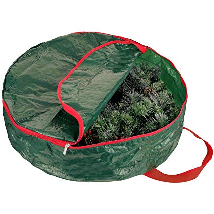 Zober Christmas Wreath Storage Bag - Water Resistant Fabric Storage Dual Zippered Bag for Artificial Christmas Wreaths, 2 Stitch-Reinforced Canvas Handles, Card Slot for Labeling, 24" x 24" x 7" Green