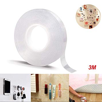 EReach Traceless Adhesive Grip Tape, Transparent Gel Mat Tape Double Sided Nano Movable Washable Reusable Sticky Anti-Slip Gel Tape for Paste Photos Posters or Fix Carpet Mats etc (9.8ft/3M)