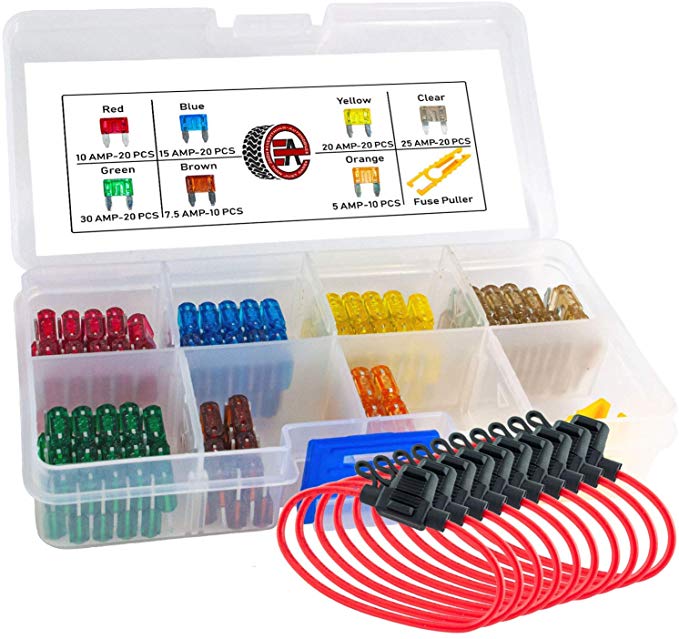 Mini Fuse Kit 12v Inline Automotive Fuse Holders 14AWG - Plus 120 Assorted ATM/APM Fuses - Includes Fuse Puller Tool. 5, 7.5, 10, 15, 20, 25 and 30 Amp Fuses.