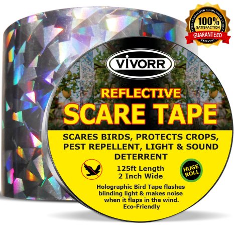 New Improved Bird Repellent Scare Tape, Holographic Deterrent Control Device, Keep Birds Away Like Woodpeckers, Pigeons, Ducks & More. Works Great with Spikes, Netting or a Scarecrow