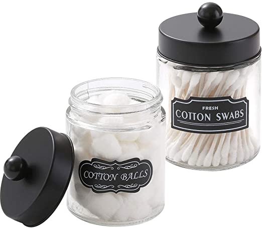 Elwiya Bathroom Apothecary Jars Set, Farmhouse Decor Qtip Dispenser Holder Glass - Rustic Vanity Organizer with Stainless Steel Lids for Cotton Swabs, Rounds, Bath Salts, Ball/Black, 2-Pack