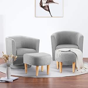 Swivel Accent Chair Set of 2, Modern Swivel Chair with Ottoman, Comfortable Living Room Chairs Upholstered Armchairs 360 Degree Barrel Round Club Tub Sofa Chair for Bedroom Reading Room, Grey