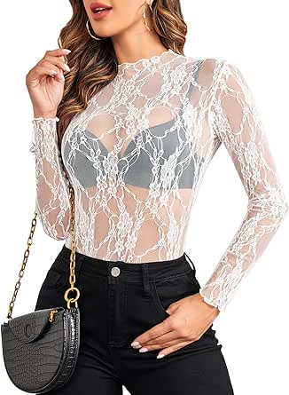 Avidlove Women's Mesh Top Long Sleeve Mock Neck Sheer Blouse See Through Floral Lace Tops