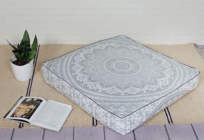 Popular Handicrafts Mandala Square Hippie Floor Pillow (Silver, 35"x 35" Pillow Cover)