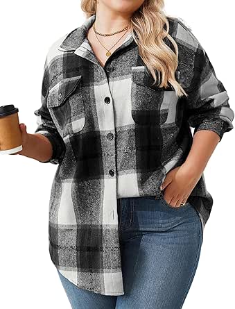 Zeagoo Women's Plus Size Flannel Plaid Shacket Button Down Flannel Shirts Long Sleeve Casual Fall Jacket 2024