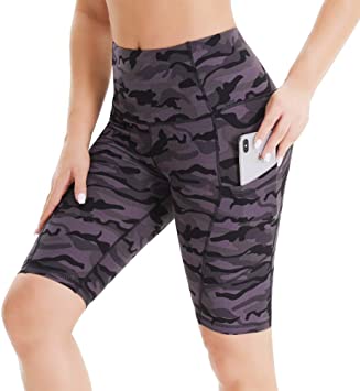 HIGHDAYS Biker Shorts for Women with Pockets - 8" High Waist Tummy Control Workout Running Yoga Shorts