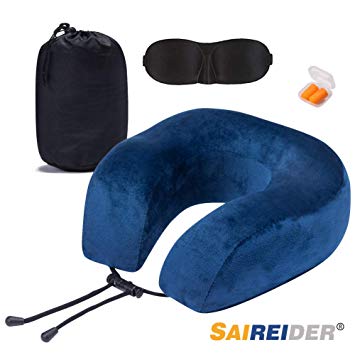 SAIREIDER Travel Pillow 100% Memory Foam Soft Supportive Airplanes Neck Pillows Navy Blue with Sleep Mask and Earplugs