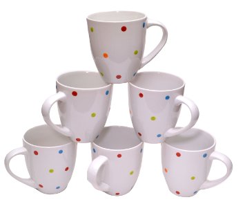 Francois et Mimi Large Ceramic Coffee Mugs, 16-Ounce, White Polka Dots, Set of 6