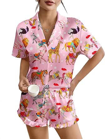 Ekouaer Womens Silk Pajamas Button Down 2 Piece Satin Pjs Shorts Set Ruffle Lingerie Notch Collar Sleepwear