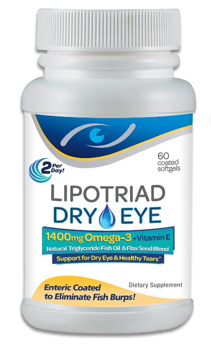 Lipotriad Dry Eye Formula - 1400mg Omega-3 Supplement - With 1400mg Natural Triglyceride Fish Oil  Organic Flax Seed and Vitamin E - Support for Natural Tear Production - 60 Enteric Coated Softgels