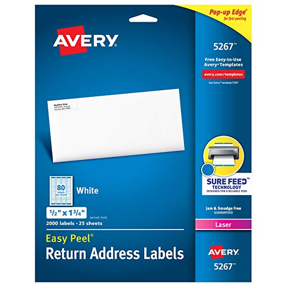 Avery Address Labels with Sure Feed for Laser Printers, 0.5" x 1.75", 2,000 Labels, Permanent Adhesive (5267)