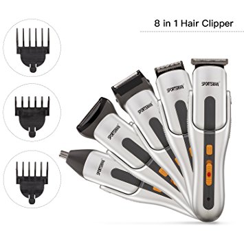 Hair Trimmer, [Newest Version] 8 in 1 Rechargeable Hair Clipper/Men&Kids Hair Trimmer /Grooming Kit/Nose&Beard Trimmer/Shaver Stainless Steel&Water Resistant with High Precision&Turbo Boost Technology