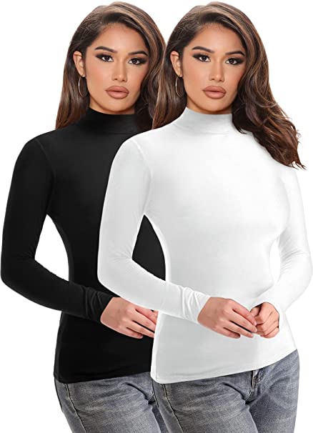 Mrignt 2 Pack Women’s Turtleneck Slim Fit Tops Long Sleeve Soft Polyester Fleece Lined Base Layer Shirts