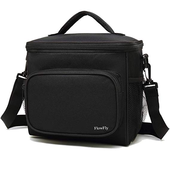 Insulated Reusable Lunch Bag Adult Large Lunch Box for Women and Men with Adjustable Shoulder Strap,Front Zipper Pocket and Dual Large Mesh Side Pockets by FlowFly,Black