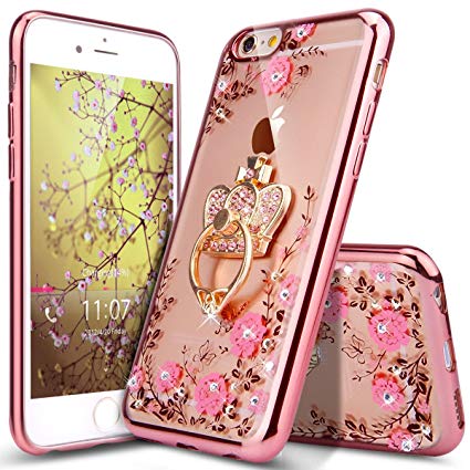 iPhone 6 Plus Case,iPhone 6S Plus Case,ikasus Glitter Crystal Plating Butterfly Floral Luxury Bling Diamond Rhinestone Clear TPU Case for iPhone 6/6S Plus 5.5", Rose Gold Pink Flower,Crown Ring Stand