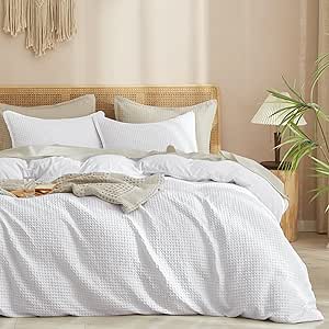 PHF Waffle Weave Duvet Cover Set Queen Size, 3 Piece Ultra Soft Breathable Durable Comforter Cover for All Season, Waffle Textured Duvet Cover with 2 Pillow Shams Bedding Collection, 90"x90", White