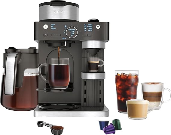 Ninja CFN602 Espresso & Coffee Barista System with Ristretto Function, Single-Serve Coffee, Compatible with Nespresso Capsule, 12-Cup Carafe, Built-in Frother, Cappuccino & Latte Maker (Renewed)