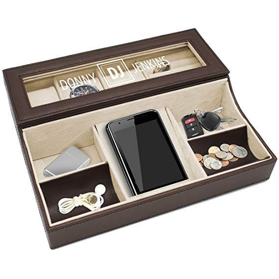 Personalized Leather Valet Tray Box - Custom Monogrammed Mens Dresser Organizer Catchall