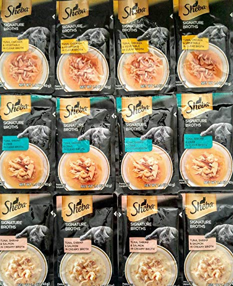 Sheba Signature Broths Variety Bundle Pack of 12. (4) Tuna, Chicken & Vegetable, (4) Tuna, Shrimp & Crab, (4) Tuna, Shrimp & Salmon . 1.4 oz each