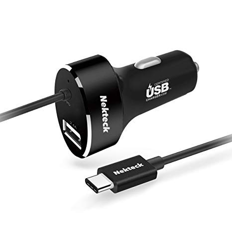 Nekteck USB-IF Certified USB Type C Car Charger with PD 45W & USB-A 12W Built-in USB-C Cable for Macbook 12-inch/ Pro 2016, Google Pixel 2/ Pixel/ Pixel XL Galaxy Note 8/ S8/ S8 Plus More