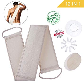 Natural Exfoliating Loofah Back Scrubber, Anmyox Rough Body Scrubber with Long Handle for Shower - Men & Women Skin Deep Cleaning (4" x 35.5"))