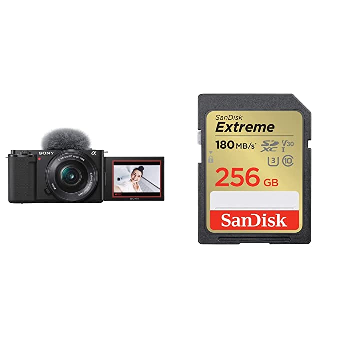 Sony Alpha ZV-E10L 24.2 Mega Pixel Interchangeable-Lens Mirrorless vlog Camera with 16-50 mm Lens & SanDisk Extreme SD UHS I 256GB Card for 4K Video for DSLR and Mirrorless Cameras 180MB/s Read