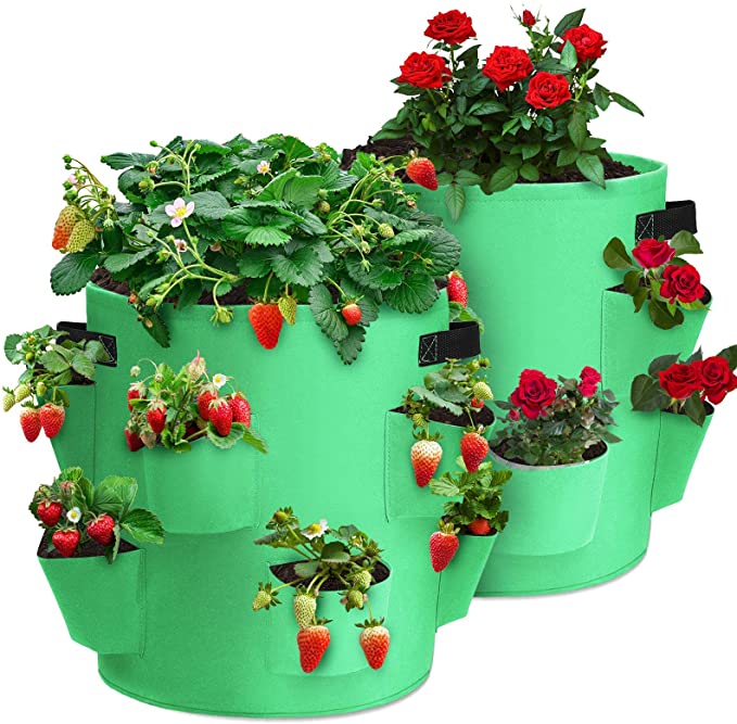 CAVEEN Plant Pot, 2 Pack 10 Gallon Eco-Friendly flower Planter with 8 Side Grow Pockets, Breathable Growing Bag with Handles for Flowers,Strawberries, Herbs.